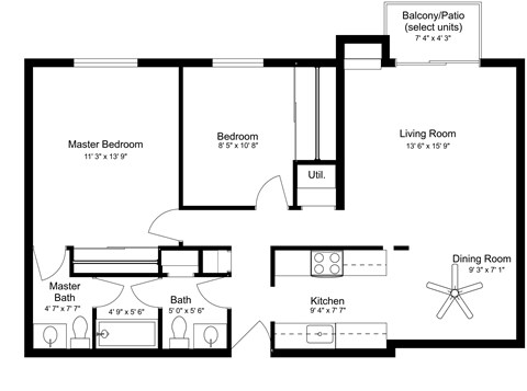Floor plan for 2 beds, 1.5 baths, 968 sqft